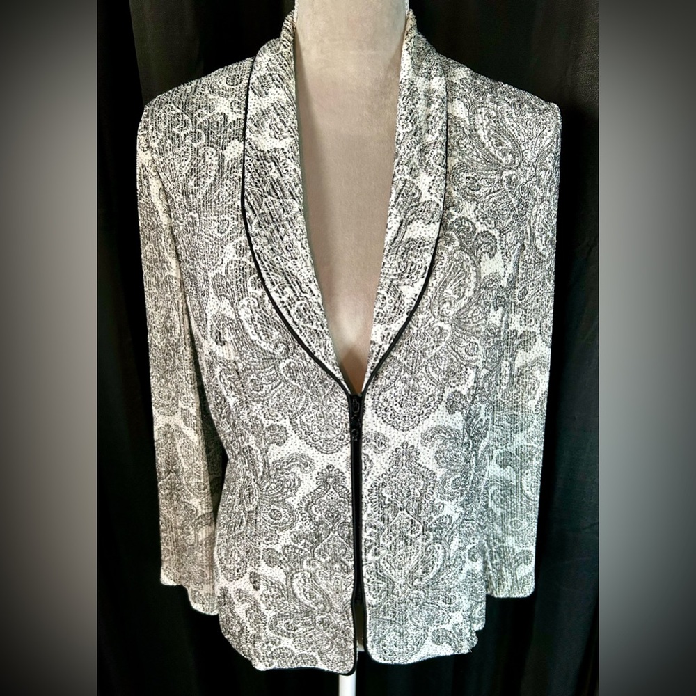 Vintage Y2K Alex Evenings B&W Glitter Paisley Jacket, Size 14P